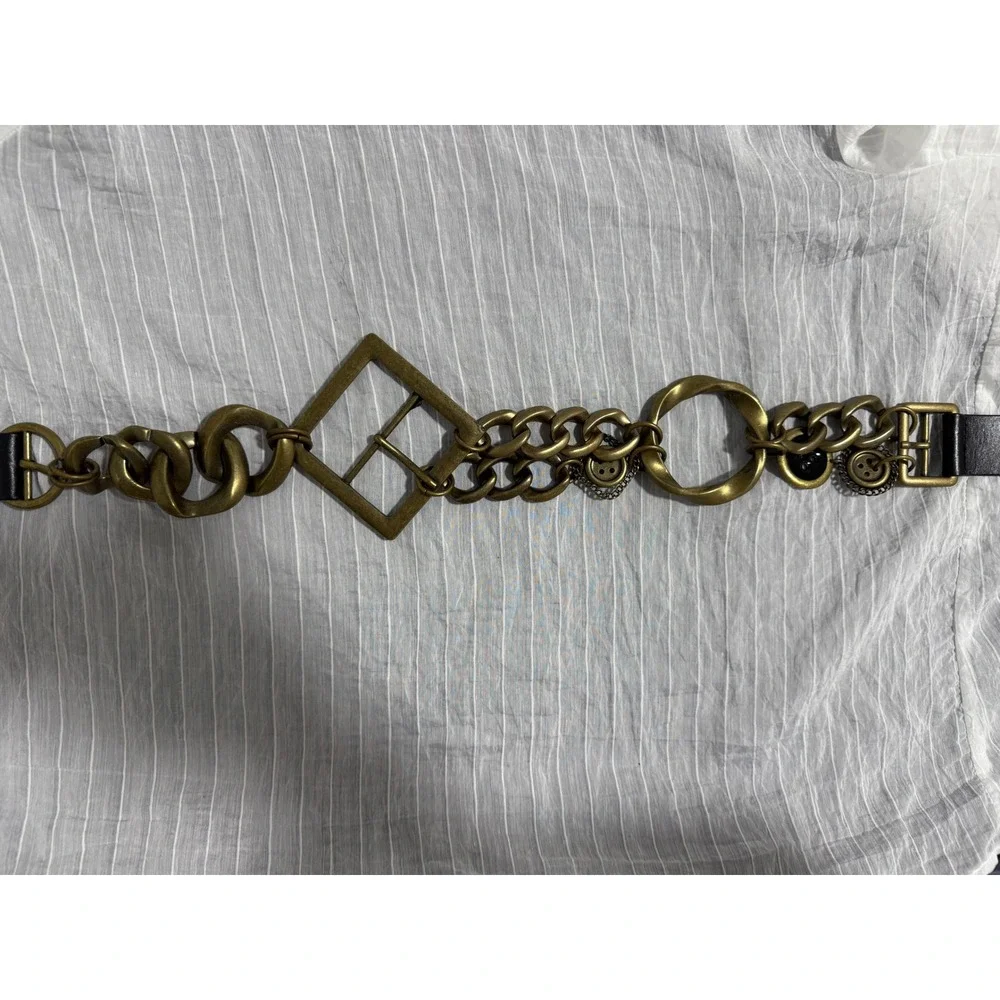 Zara Black Leather Chunky Antique Brass Chain Statement Belt 80 Geometric‎